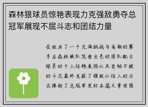 森林狼球员惊艳表现力克强敌勇夺总冠军展现不屈斗志和团结力量