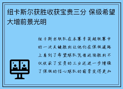 纽卡斯尔获胜收获宝贵三分 保级希望大增前景光明 纽卡斯尔获胜收获宝贵三分 保级希望大增前景光明